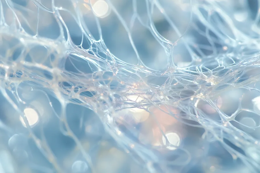A close view of hydrated fascial tissue, the living network that surrounds and connects every structure in the body